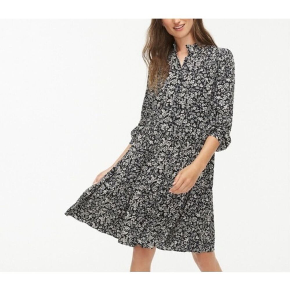 J. Crew Black White Floral Accordian Long Sleeve Half Button Shirt Dress Small